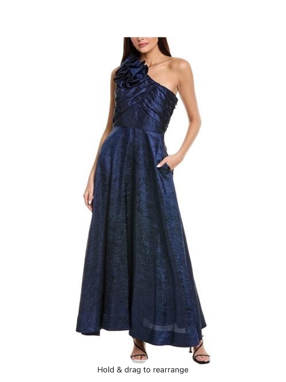 Tahari ASL Rosette One-Shoulder Textured Gown in Navy sz 8, NWT
